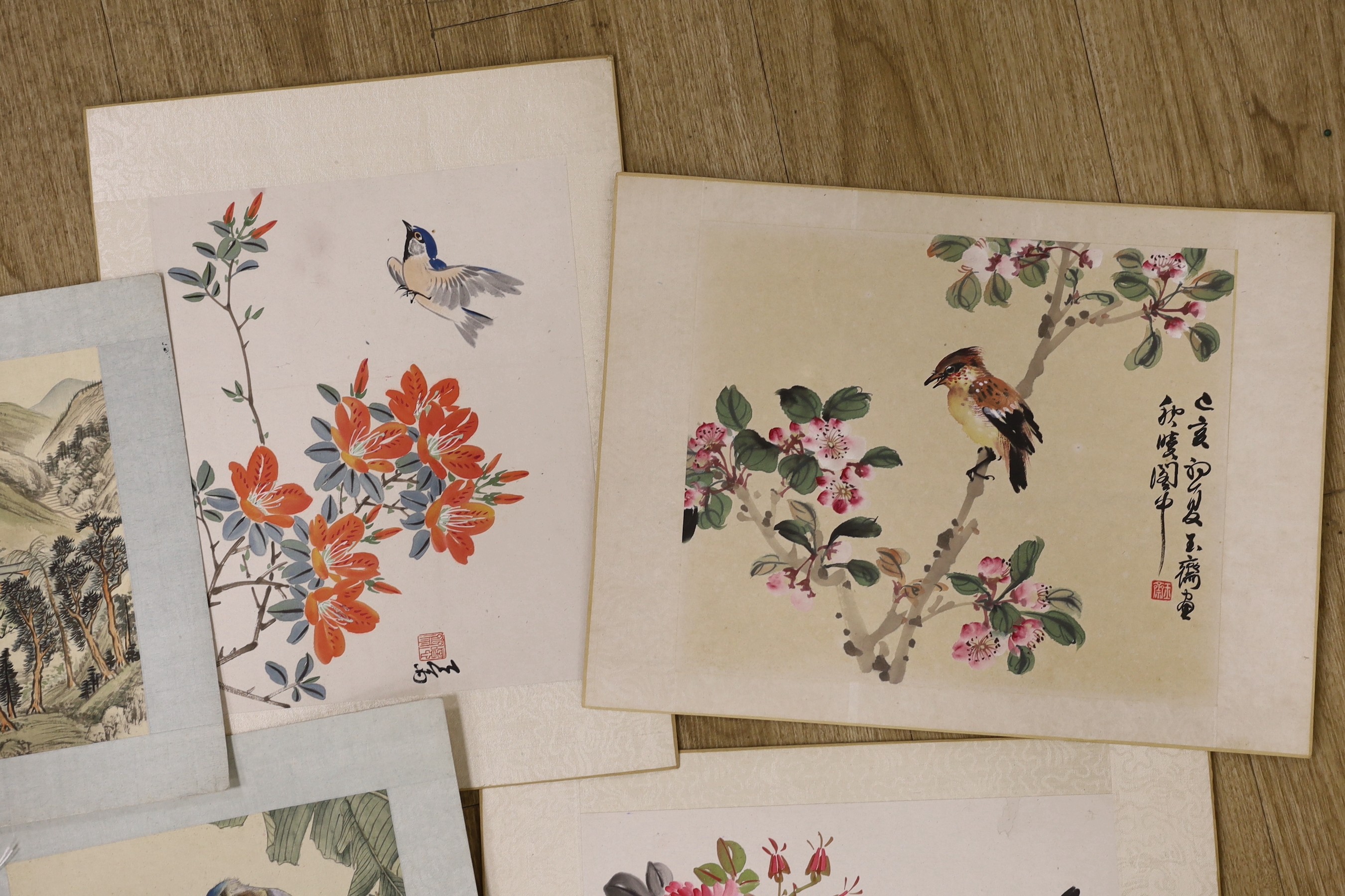 Chinese School, late 20th century, two paintings on silk and three colour woodblocks on paper of birds and flowers and two landscape paintings on silk, approx. 27 x 21cm (7)